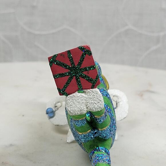 Vtg Cat Christmas Ornament 6.5" Green Glitter Striped Angel Wings Holiday Decor - Picture 9 of 15